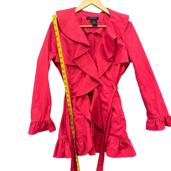 Etcetera Belted Ruffle Jacket Womens Coral Red Pink Trench Coat Size 4 - Picture 9 of 16
